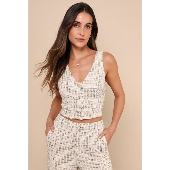 Lulus Tops - Lulus Posh Perception Ivory And Black Plaid Tweed Cropped Button Top White